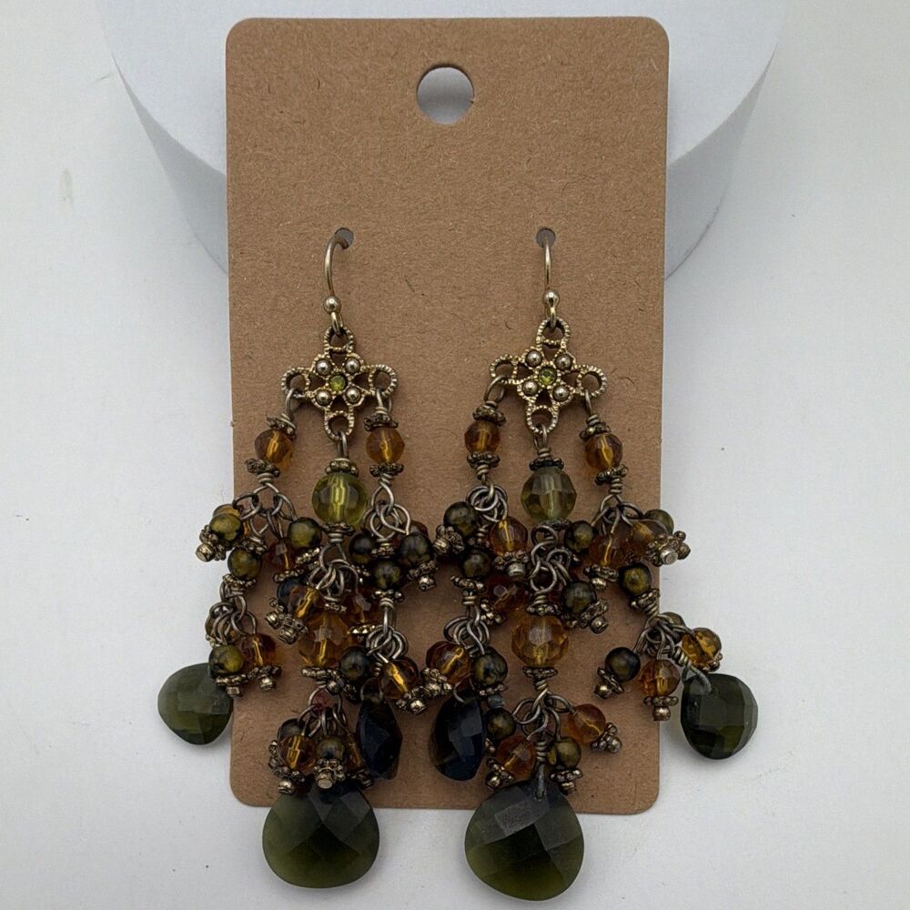 Green & Amber Glass Teardrop Beaded Chandelier Dangle Earrings Hook 3"